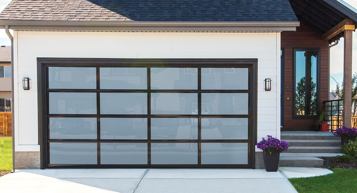 Wayne Dalton 8850 Full View Aluminum Glass Garage Door — Black Powder Coat, White Laminate Glass