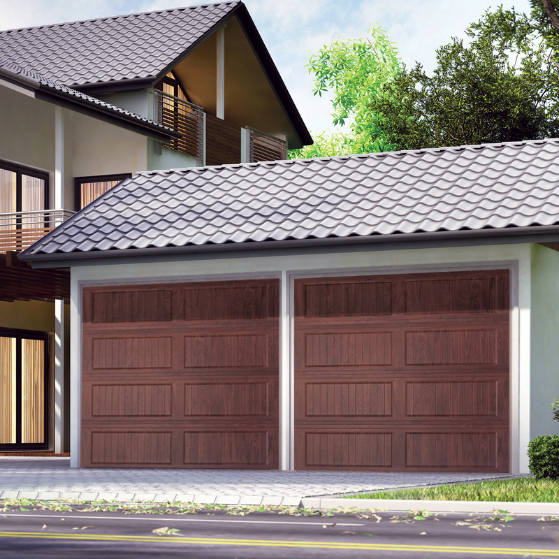 doorLink Model 3640 Long Grooved Panel carriage house garage door — deep pebble grain texture, 3-layer sandwich construction