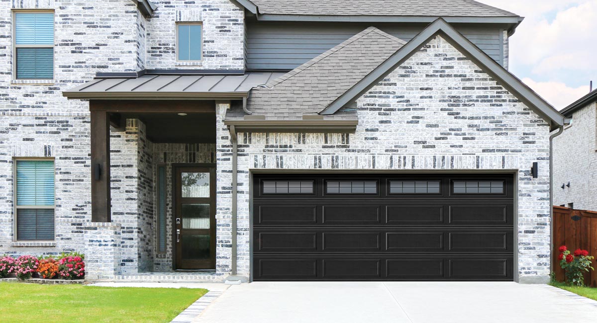 Wayne Dalton 9100 Series Classic Steel Garage Door — Long Panel, Black finish, Stockton Long windows
